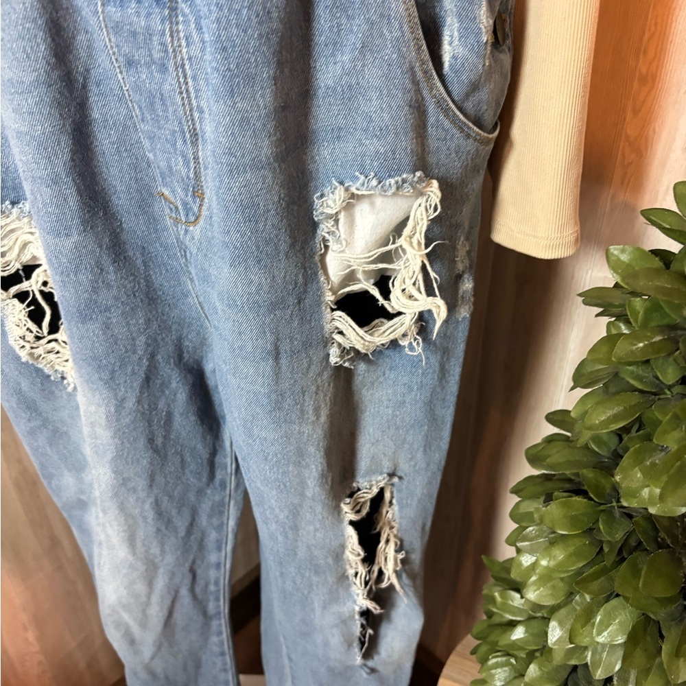 Mod Ref Blue Denim Distressed Overalls Bibs - Picture 6 of 12